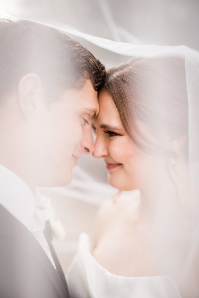 Bride and groom portrait covered by vail